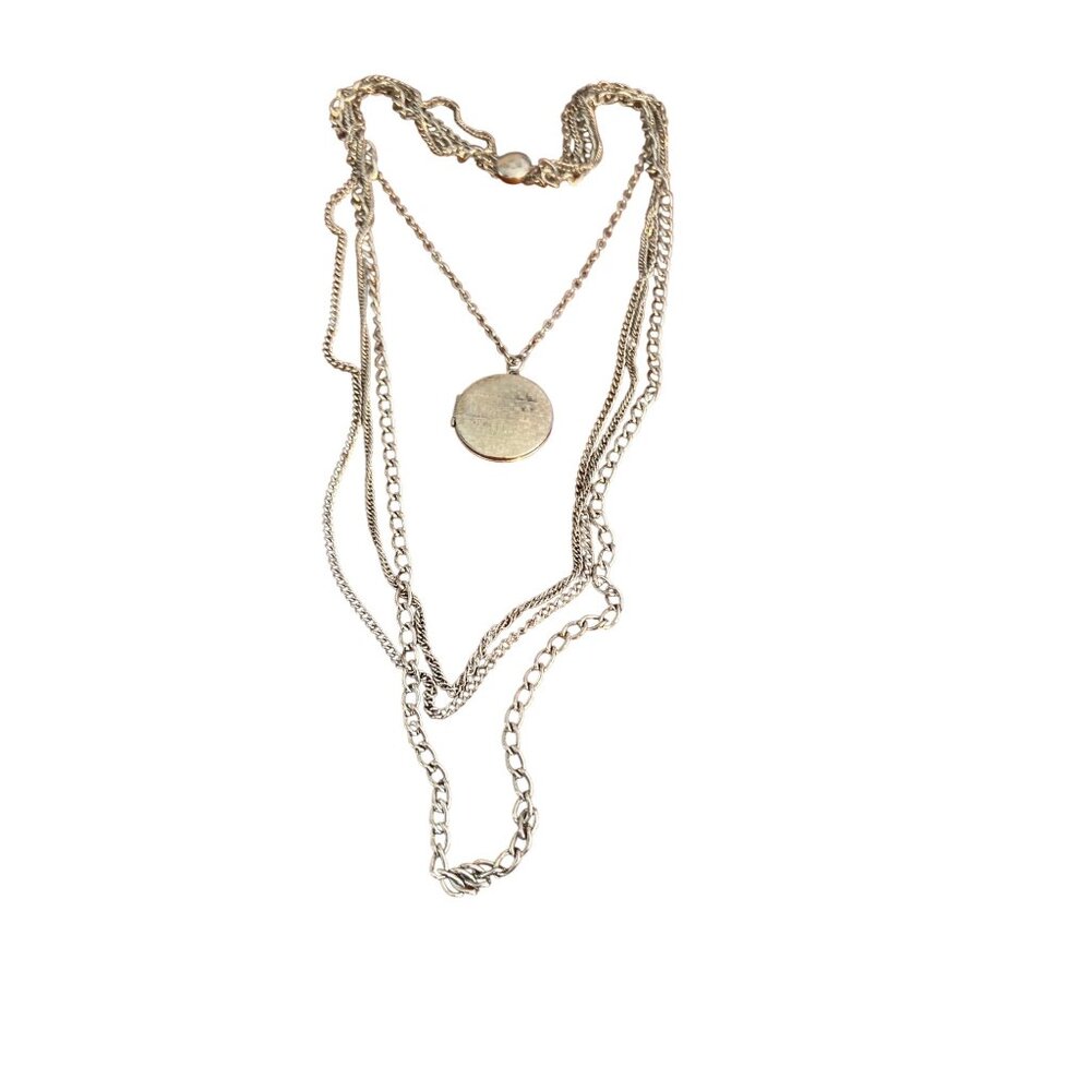 Vintage Silver Tone Multi Chain Locket Necklace Antique Portraits Layered Estate